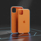 iPhone 11 dark blue silicone case on phone standing angled on dark grey surface - dramatic lighting