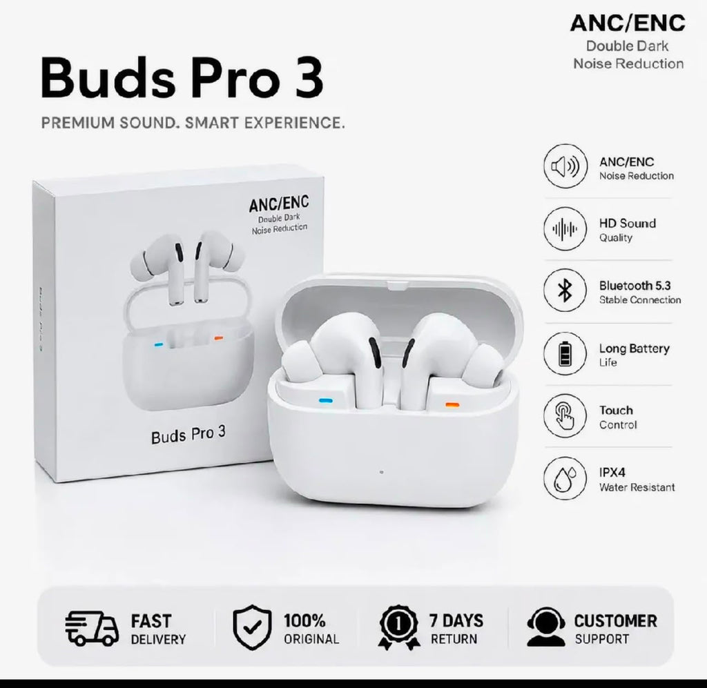 Buds Pro 3 feature infographic - ANC ENC HD Sound Bluetooth 5.3 Long Battery Touch Control IPX4 on white background