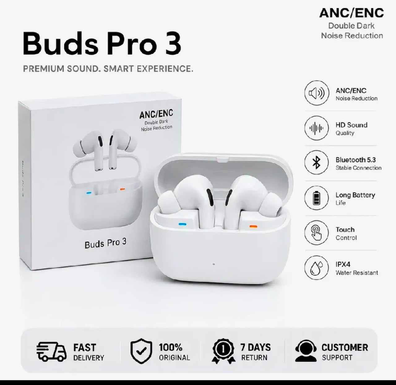 Buds Pro 3 feature infographic - ANC ENC HD Sound Bluetooth 5.3 Long Battery Touch Control IPX4 on white background