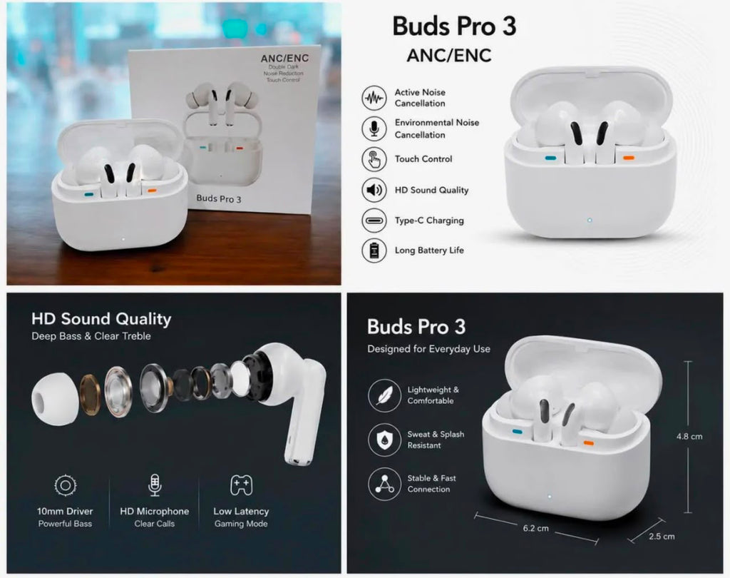 Buds Pro 3 full spec sheet - ANC ENC features, 10mm driver, HD microphone, low latency gaming mode, dimensions