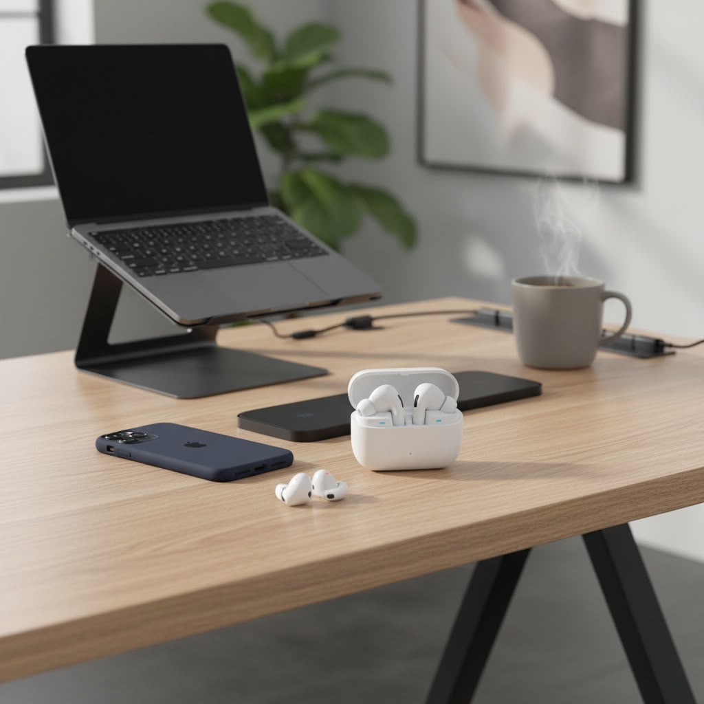 Buds Pro 3 wireless earbuds lifestyle shot on wooden desk with MacBook iPhone and coffee mug