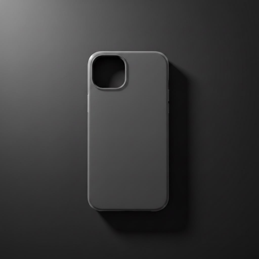 iPhone 14 red silicone case lying on dark surface - dramatic moody lighting angled view