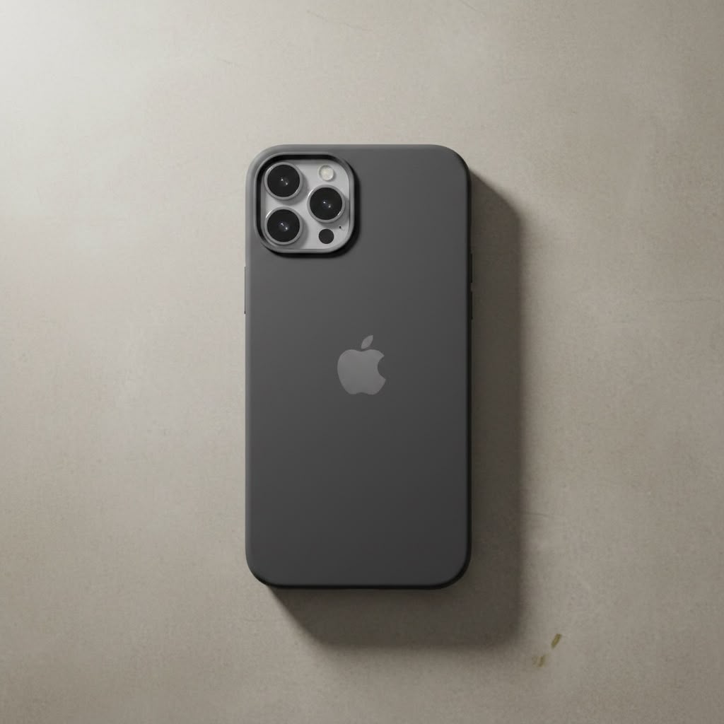 iPhone 14 grey silicone case 3D render standing on dark background - clean product shot